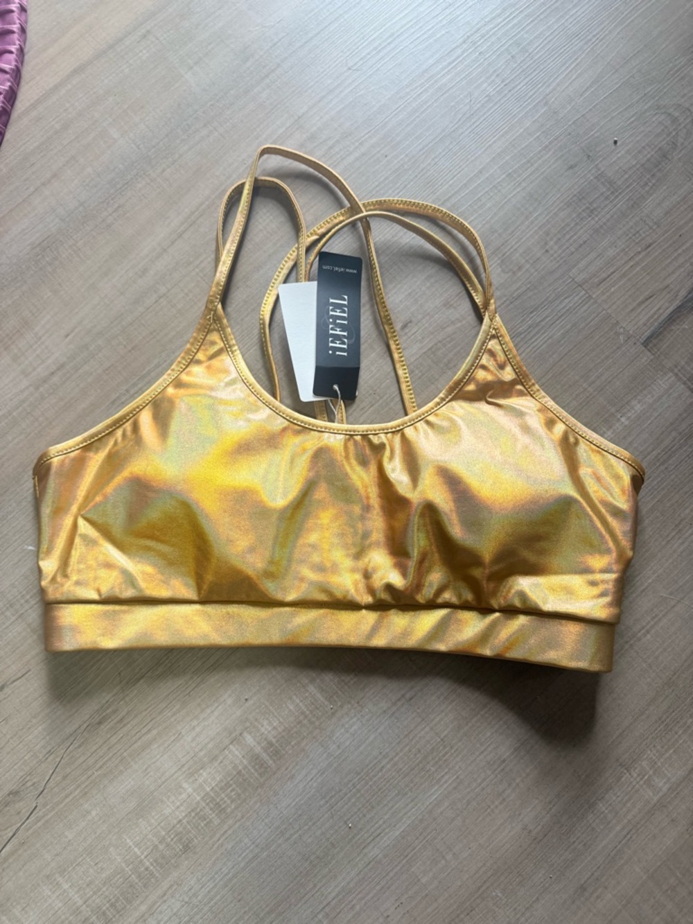 JEFFEL Gold Metallic Strappy Sports Bra